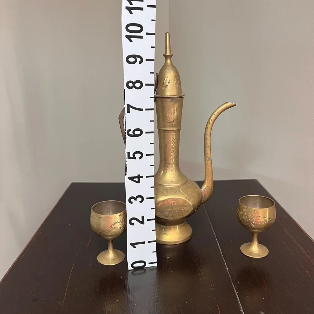 VTG Brass Ewer & 2 Goblets Set, Etched India Decanter Moroccan Style Pitcher Bar